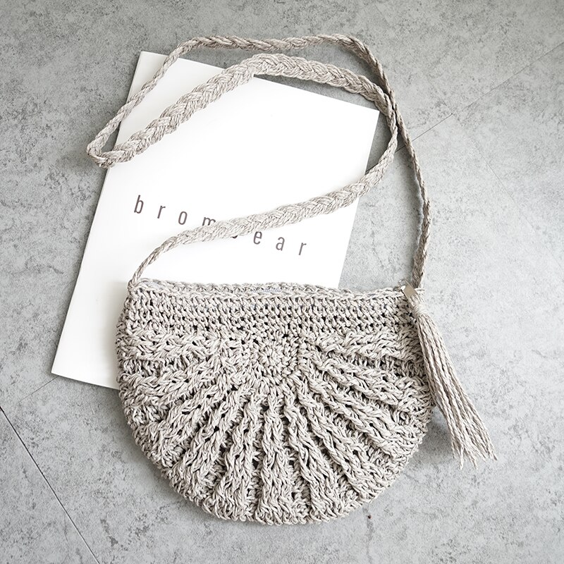 Women small Semicircle Tassel Knitting Straw bag Summer Travel Rattan Tote Knitted Hand Bag Girls Shoulder Tote Keys Coin bag: gray