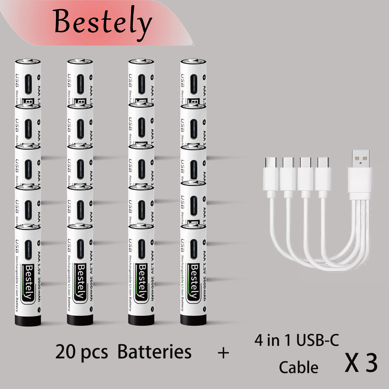 USB-C 1.5v AAA 3600mAh Rechargeable Lithium ion Battery,Rechargeable AAA Li-ion Type-C Battery,2000 times cycle with Cable: Brown