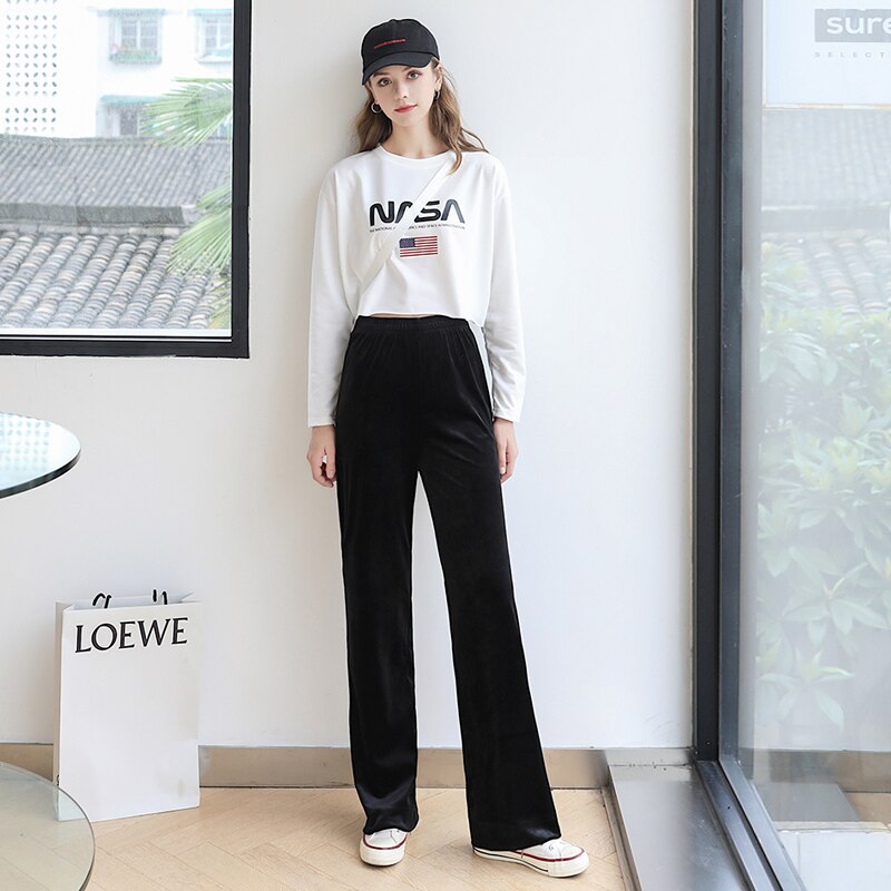 Naisten housut suorat naisten housut leveät lahkeet korealaistyyliset #39 vintage sametti rento väljät housut sopivat toimistoon