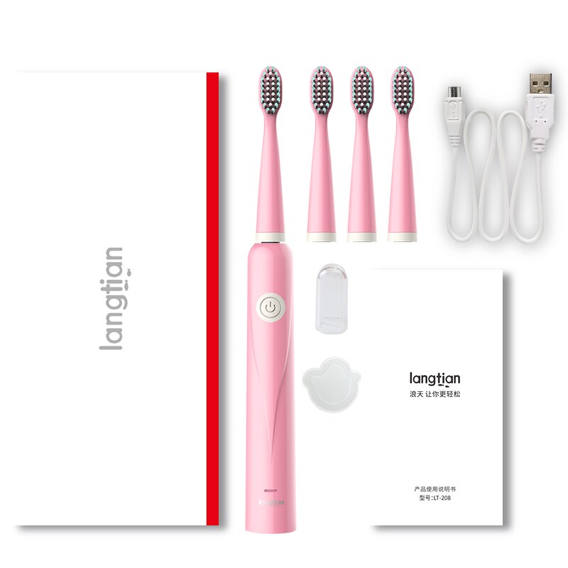 Electric Toothbrush For Children Kids Adults 5 Modes Ultrasonic Toothbrush Travel Rechargeable Sonic Tooth Brush 4 Heads LT-Z08A: Pink 4 heads