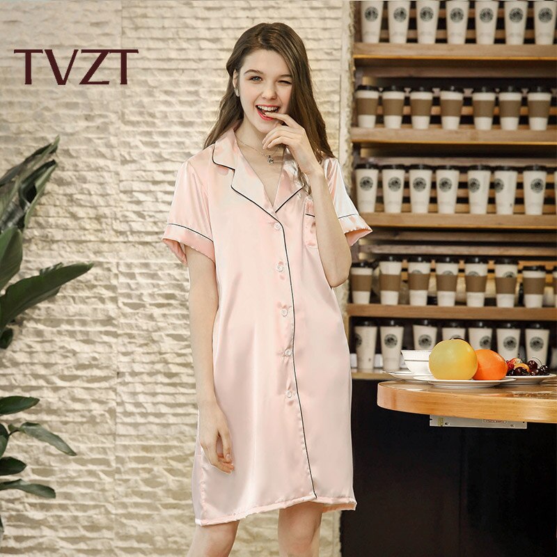 Tvzt Spring Women Pajamas Comfort Cotton Satin Printed Sleepwear Coat Loose Homewear Leisure Wear: Pink / XL