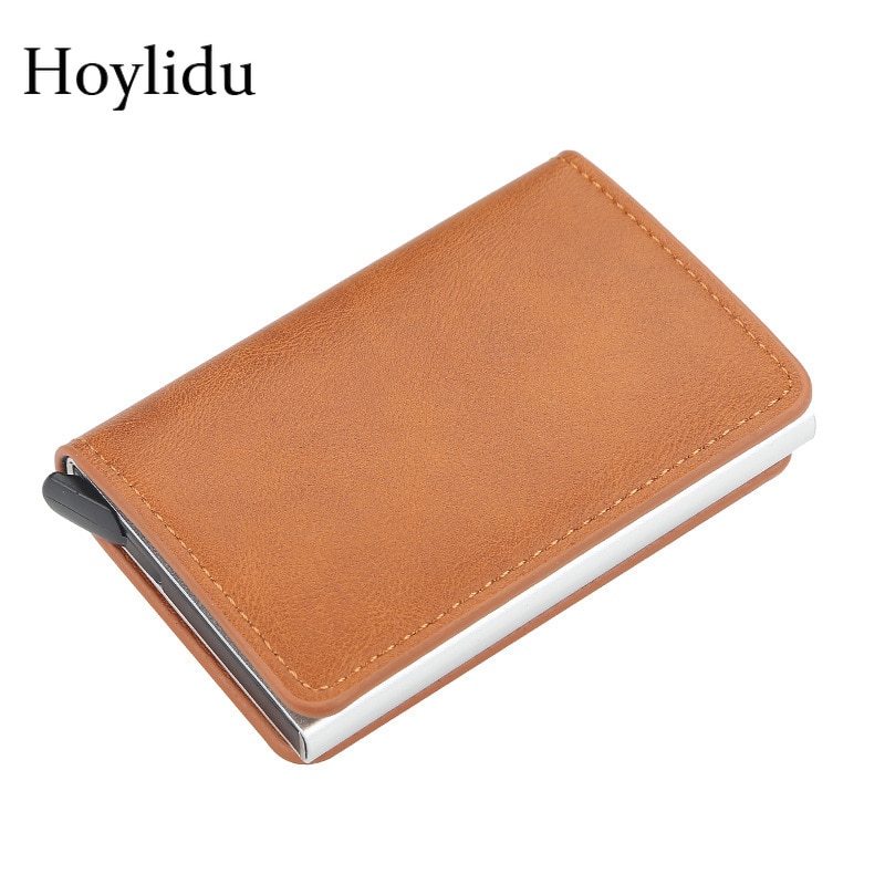 Hoylidu PU Leather Automatic Pop-up Business Card Card Holder RFID Vintage Aluminium Box Metal Crazy Horse Wallet Steel Wallet