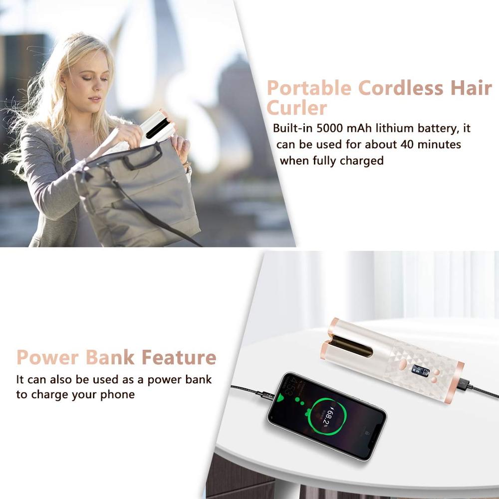 Rizador de pelo automático inalámbrico portátil máquina de pelo rizado LCD recargable por USB con función de fuente de alimentación móvil