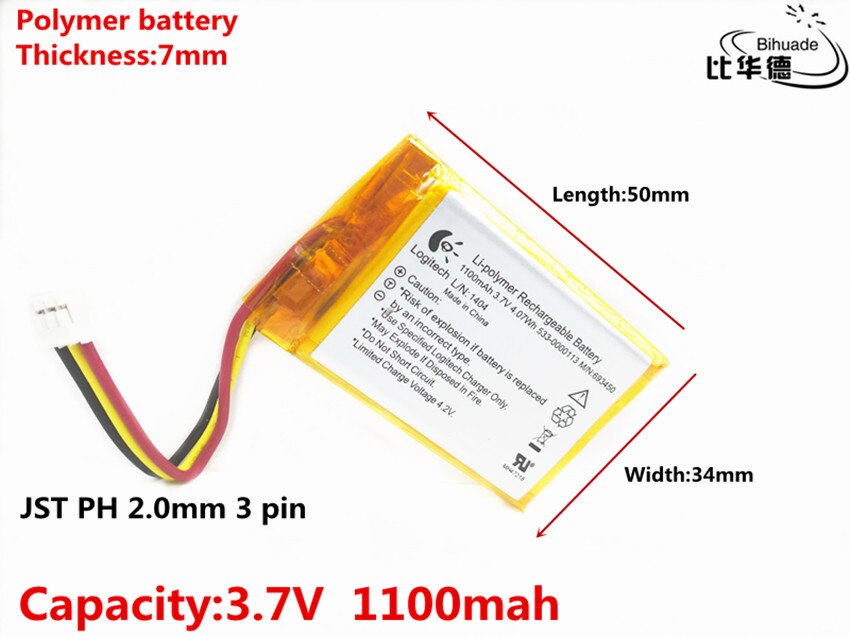 Jst  ph 2.0mm 3 -pin-akku, gute qualität, 3.7v,1100 mah , ,703450- polymer-lithium-ionen-akku (li-ion) für spielzeug, powerbank, gps ,mp3,mp4