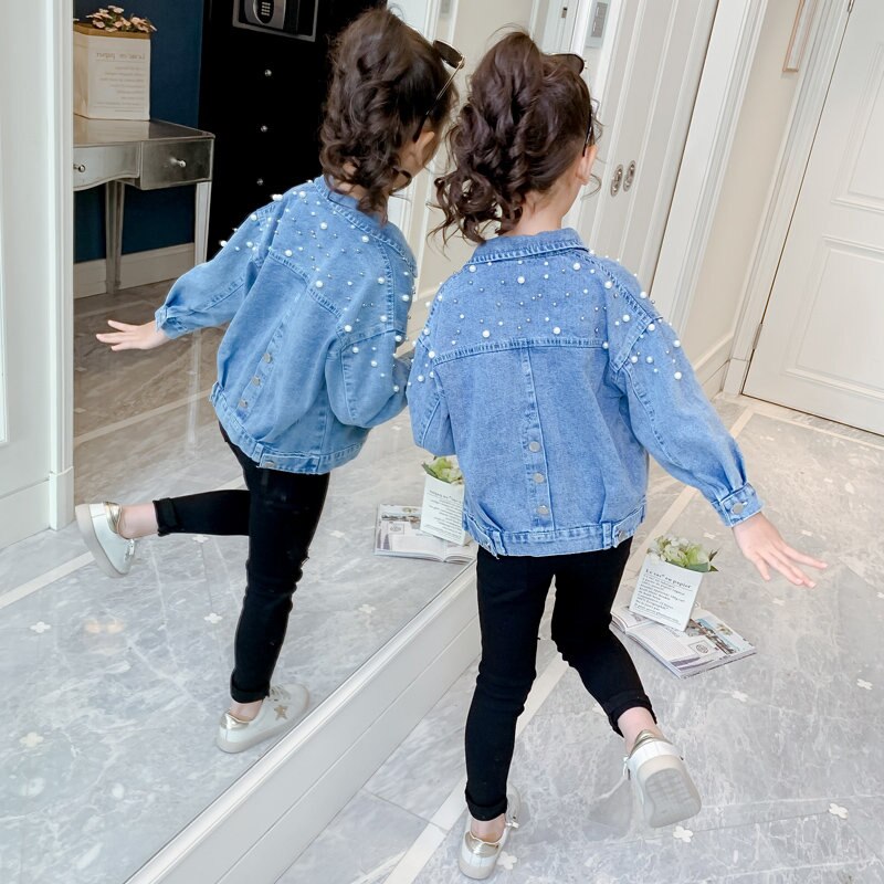 Giacche di jeans per bambini per adolescenti ragazze nuova primavera autunno moda capispalla abbigliamento per bambini giacca di cotone con perla per adolescenti
