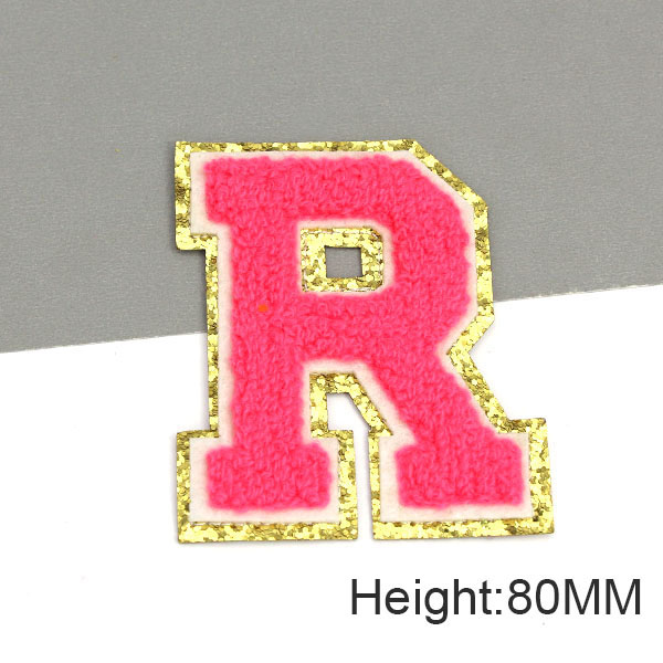 Parche con letras bordadas de rosas grandes de 80MM para ropa, parches de chenilla con lentejuelas doradas, apliques para planchar, camiseta con nombre DIY, pantalones vaqueros: Rojo