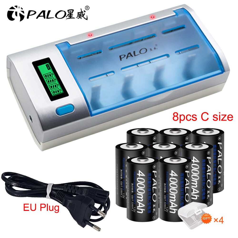 PALO R14 C pile C taille batterie rechargeable 1.2V 4000mAh NI-MH + intelligent de charge rapide chargeur LCD pour AA AAA C D 9V: 8pcs 1charger-EU