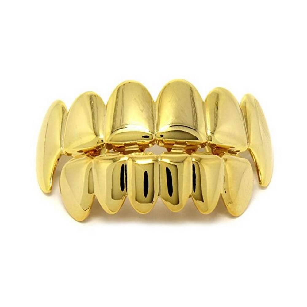 RACHELZ Hip Hop colmillos negros Diente Grillz 14K chapado en oro 6/6 tapas de dientes decoración parrillas dentales para hombres mujeres joyería de Halloween: Color amarillo dorado claro