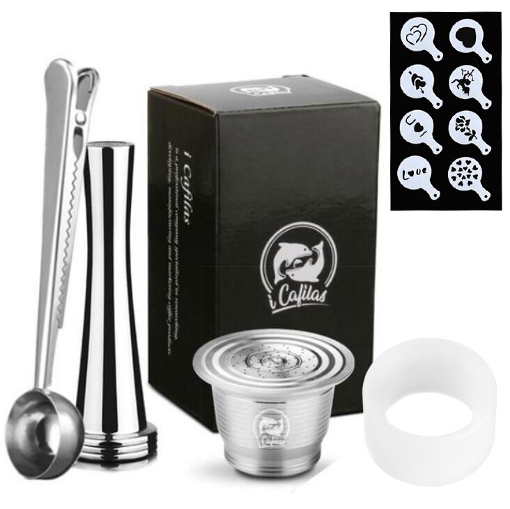 Rostfritt stål för nespresso kaffefilter återanvändbar kapsel metall sabotage kaffesked med klämma 8 st latte typ kaffe verktyg: Ljusgrön