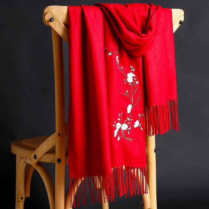 Cashmere Warm Scarves With Tassel Women Autumn Embroidery Solid Color Long Wraps Women Scarf Female Shawl Winter Scarf