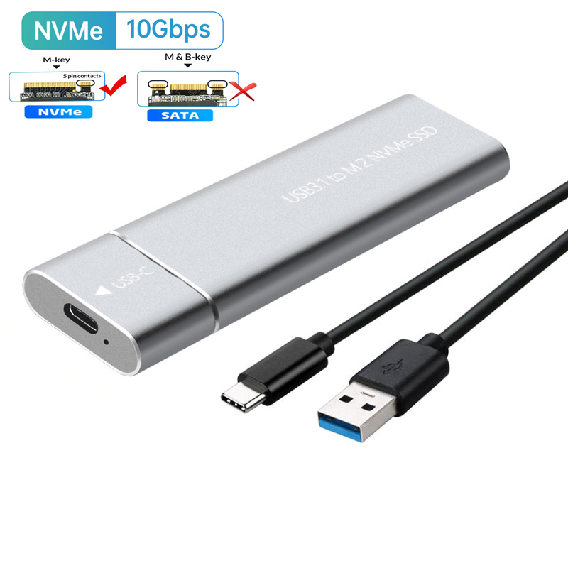 Boîtier M2 SSD USB3.1 M.2 SATA SSD, boîtier M.2 vers USB Type C 3.1, adaptateur SSD, boîtier de disque dur externe en métal solide pour téléphone portable: Argent
