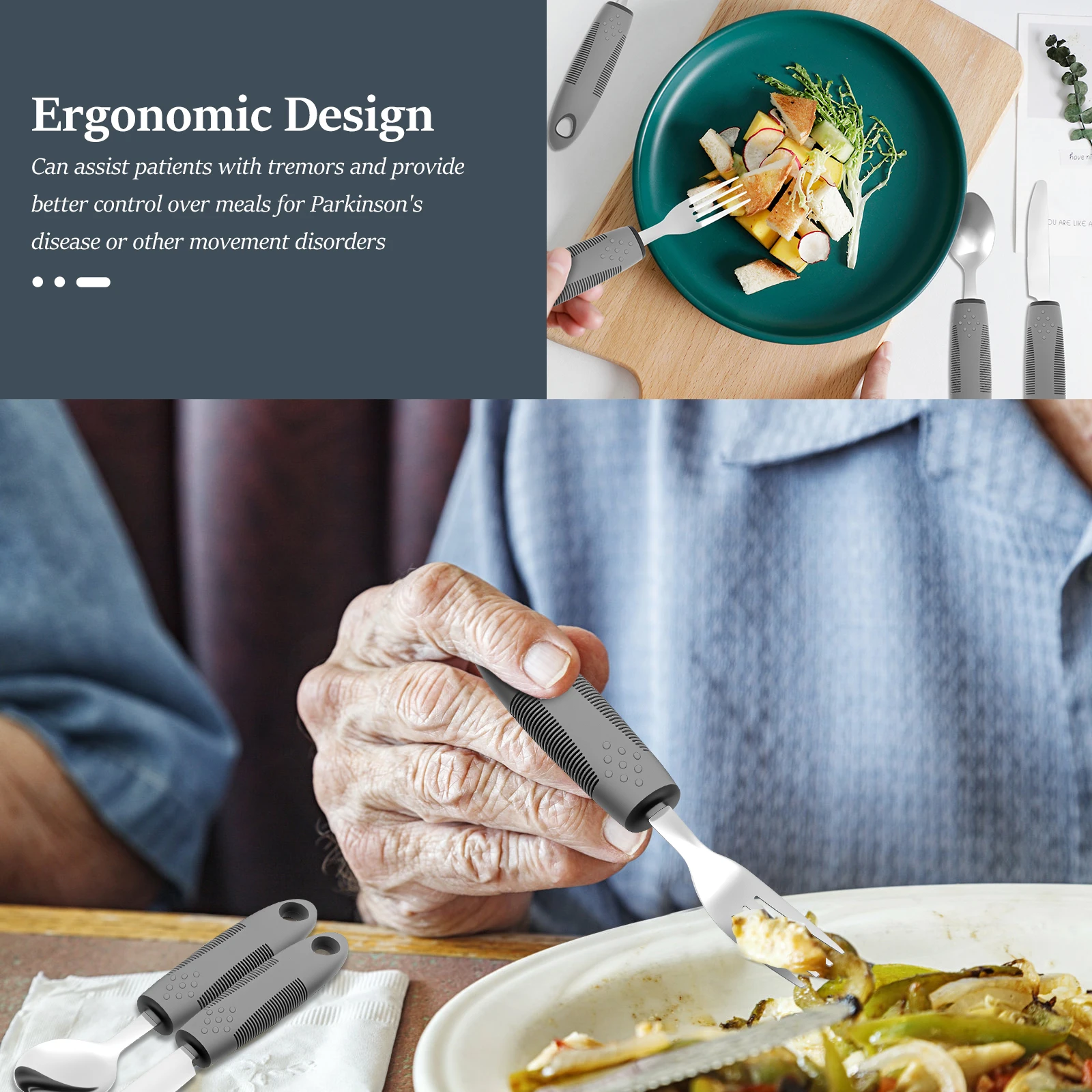4Pcs Elderly Utensils Adaptive Built Up Utensils Nonslip Spoon Handicapped People Fork Elderly set Parkinsons Silverware