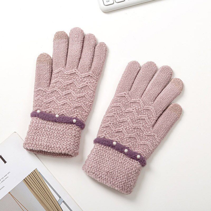 Vinter stickade handskar för kvinnor tjocka varma handskar kvinnlig pärladekoration pekskärm full fingrar handledsvantar damer guantes: Lila
