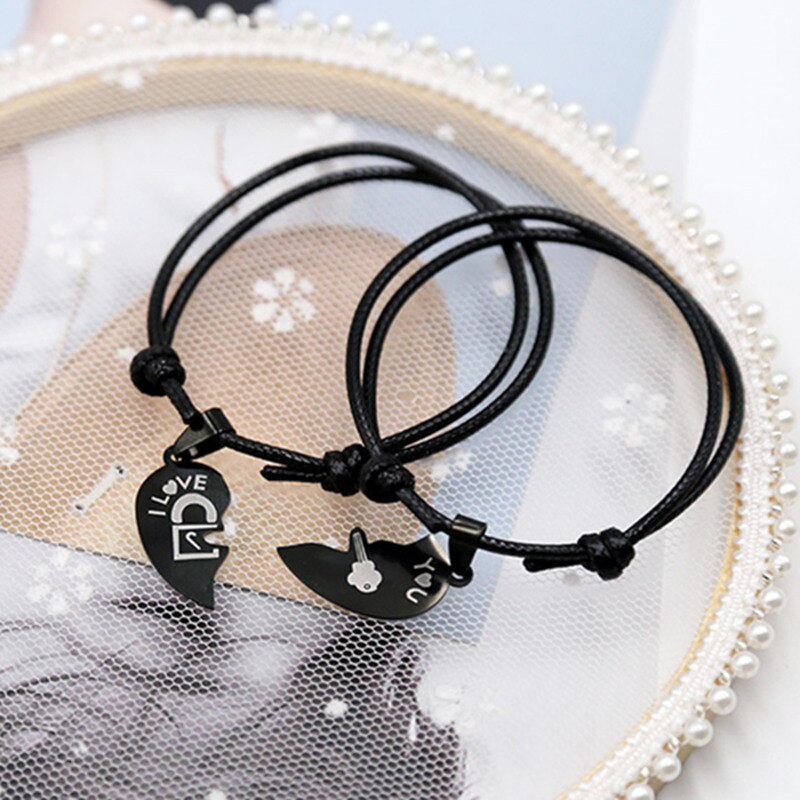 Couple Bracelets for Women and Men Heart Black Stainless Steel Key Lock Two Halves Paired Bracelet Jewelry, 2PCs/set