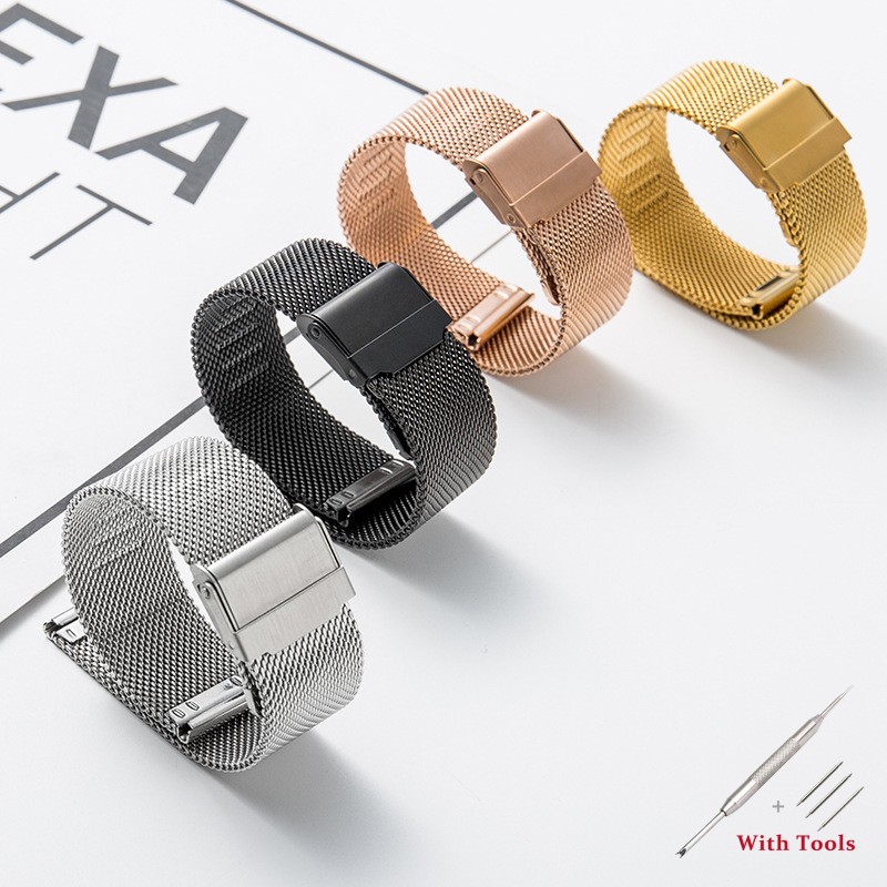 12mm 14mm 16mm 18mm 20mm 22mm Rvs Milanese Mesh Band Voor DW Horloge bandjes Gewone Horlogeband Armband Met Gereedschap: Steenkool zwart / 20mm