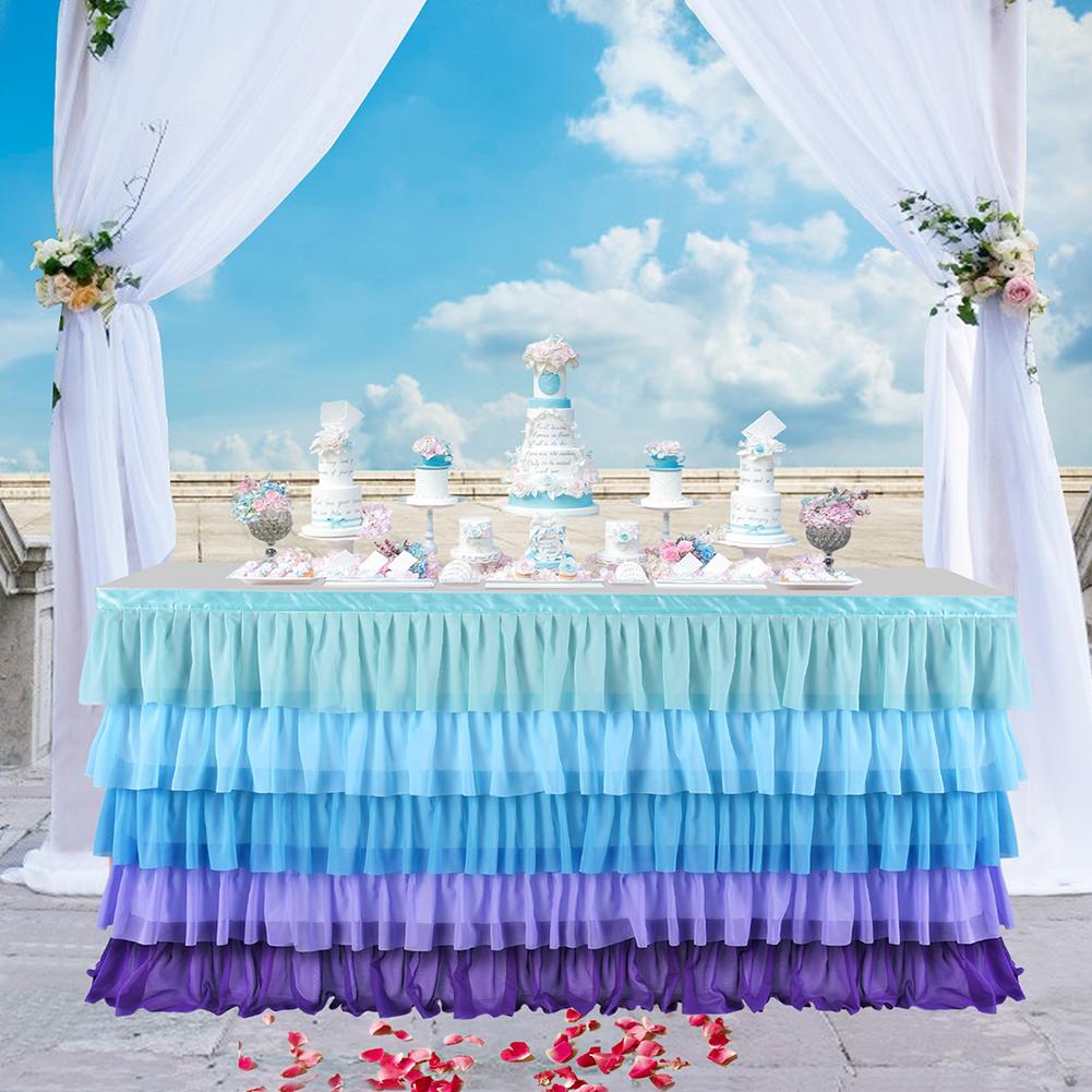 5 Layers Blue Tulle Table Skirt Splicing Chiffon Tutu Table Skirts for Wedding Birthday Baby Shower Party Table Skirting