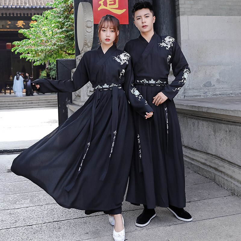 Zwart Borduurwerk Hanfu Vrouwen Mannen Traditionele Dans Kostuums Fee Jurk Zangers Prestaties Kleding Folk Festival Outfit DC3175