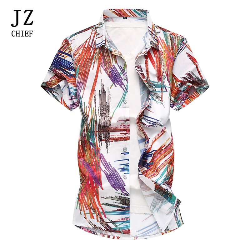 JZ CHIEF Streetwear Graffiti Shirts Men Short Sleeve Summer Casual Button Down Shirt Male Print Business Dress Shirt Plus Size