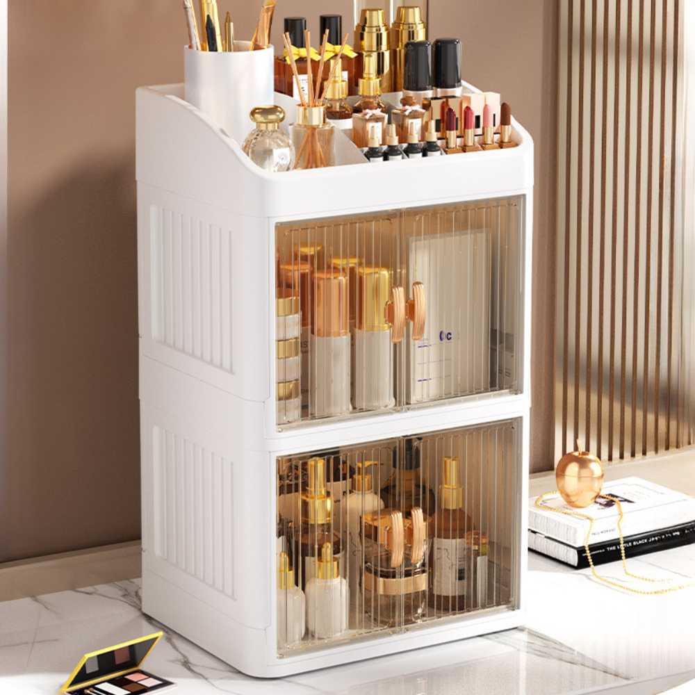 Caja de almacenamiento plegable, cajas organizadoras sencillas para el hogar, organizador de productos para el cuidado de la piel de doble puerta, estante de almacenamiento de papelería multicapa