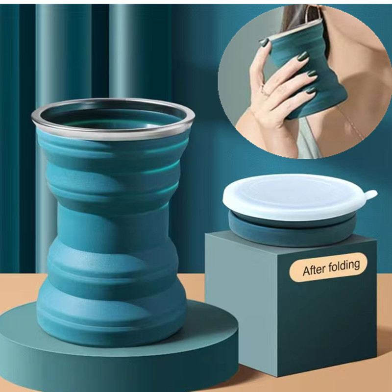 Portable Silicone Foldable Cup With Lanyard Heat Resistant Collapsible Cups Lid Folding Storage Travel Mug For Water coffee