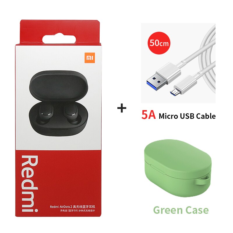 Xiaomi-auriculares inalámbricos Airdots 2 Redmi Airdots S TWS, cascos con Control de voz, Bluetooth 5,0, reducción de ruido y Control táctil: add cable green case