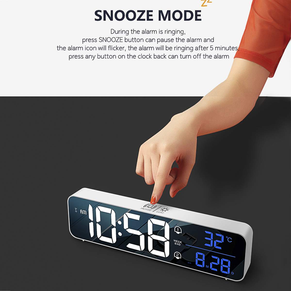 LED Digital Alarm Clocks With Snooze Digital Temp Time Music Dual Clock USB Charger Large Digit Display Brightness Dimmer Clocks