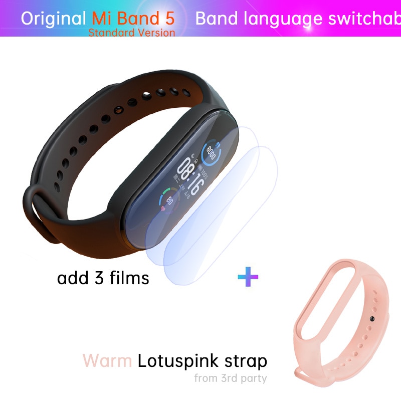 Xiaomi-Pulsera Mi Band 5 de fitness, reloj con monitor deportivo del ritmo cardíaco las 24 horas, carga magnética, sueño REM, siesta, pasos, natación, alarma de recordatorio,: STD n film l pink