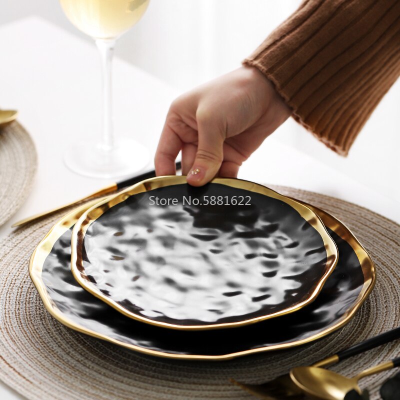 Ceramic Dinner Plate Gold Inlay Snack Dishes Luxury Gold Edges Plate Dinnerware Kitchen Plate Black White Tray TablEware Set