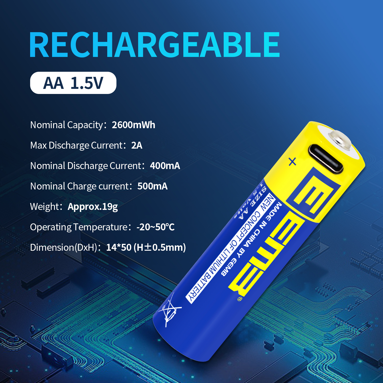 Eemb 1.5V Lithium Aa Batterijen Oplaadbare Aa Batterij 2600mwh Usb Type C Oplaadkabel Vervanging Batterij
