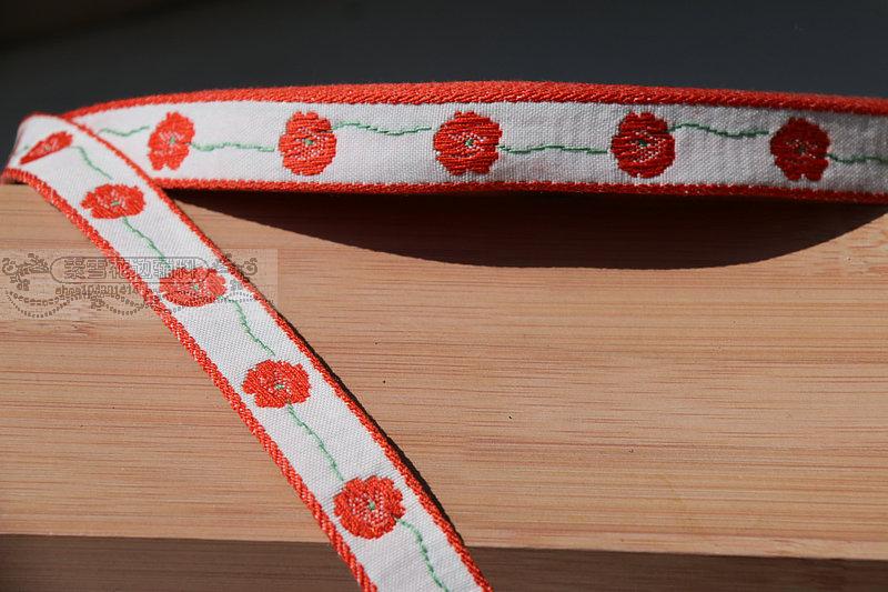 1.7 cm 17mm 3/4 ''Delicate Dikke Sterke Wit Rode Bloem Bilaterale Martingaal Trim Nationale Jacquard Lint Geweven singels