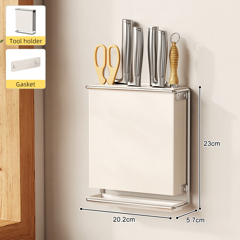 Soporte para cubiertos para encimera de cocina, montado en la pared, sin taladro, cuchillo, organizador de palillos, estante de almacenamiento de drenaje para utensilios de cocina: Blanco