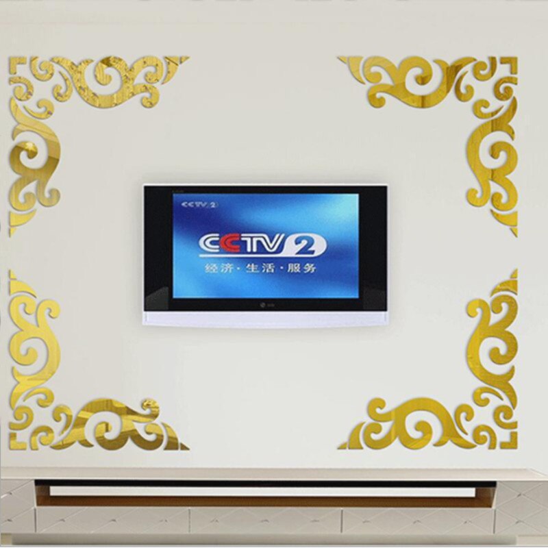 Miroir autocollant 3D en acrylique, 4 pièces, Style européen, bordure de fleur, autocollant mural pour salon, arrière-plan de la télévision, décoration murale