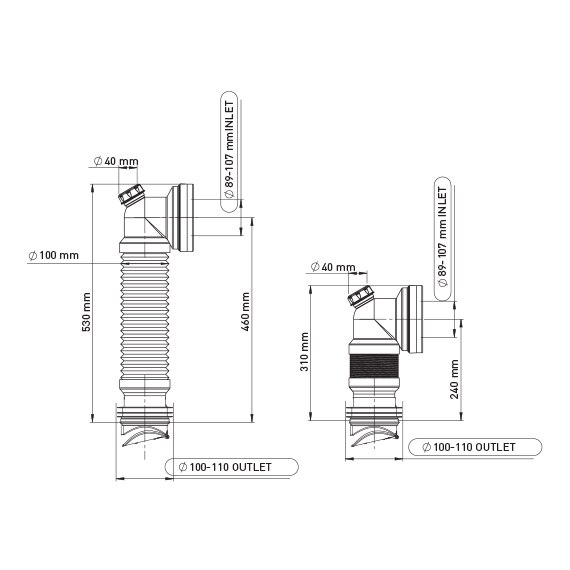 EXTENDABLE WC PAN ELBOW CONNECTOR 100/460 MM WITH ANTI CROSS-FLOW AND RODENT BARRIER VALVE Ø40 INSPECTION INLET