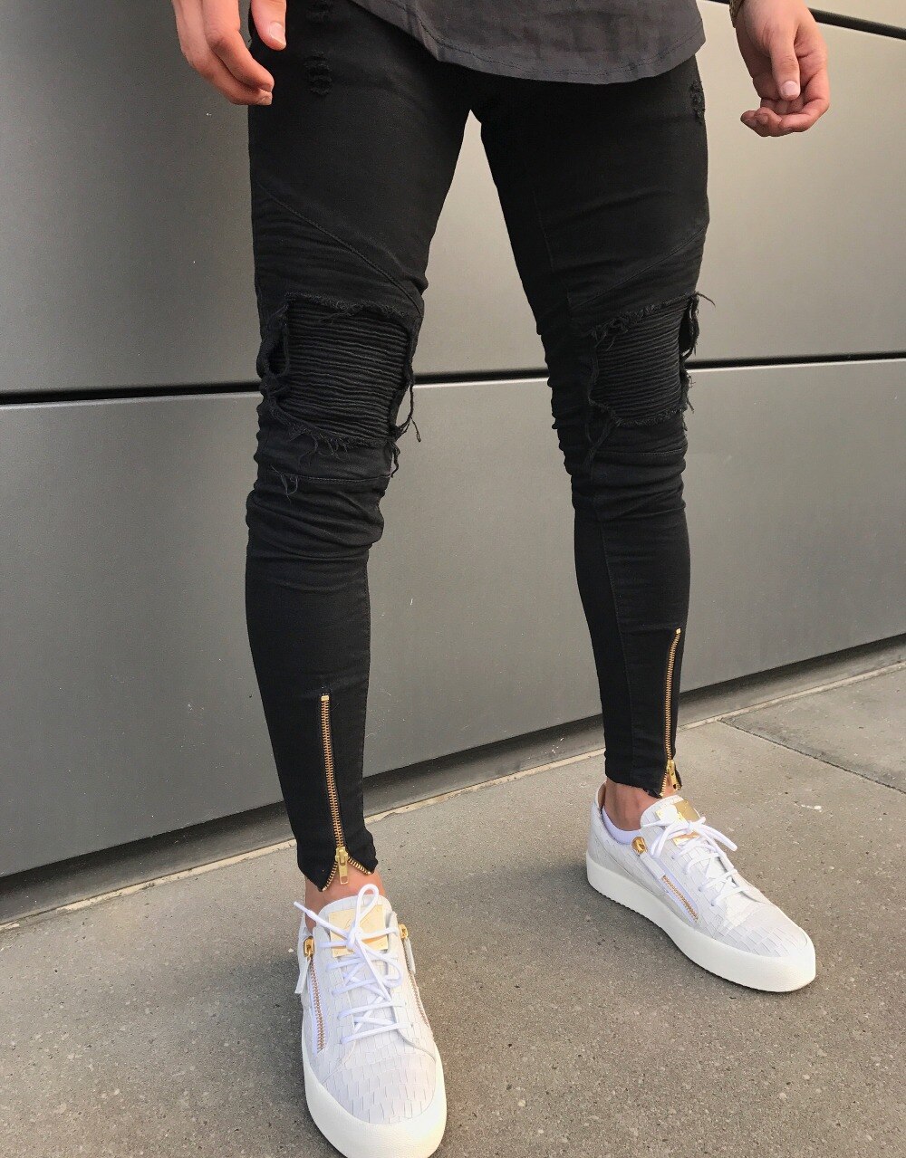 biker Jeans Mens Joggers Pants Stretch Ripped Black Denim Destroyed Bottom zipper jeans Homme Streetwear Hip Hop