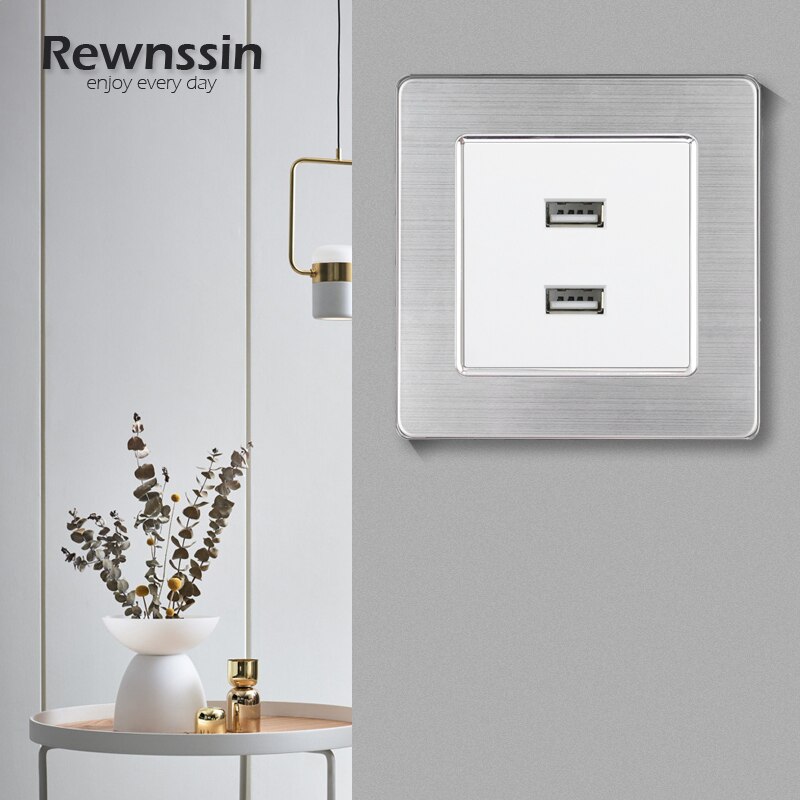 Electrical Outlets EU/France UCB Combination Power Socket 2.1A Dual USB Charging Dedicated Port White Stainless Steel Panel