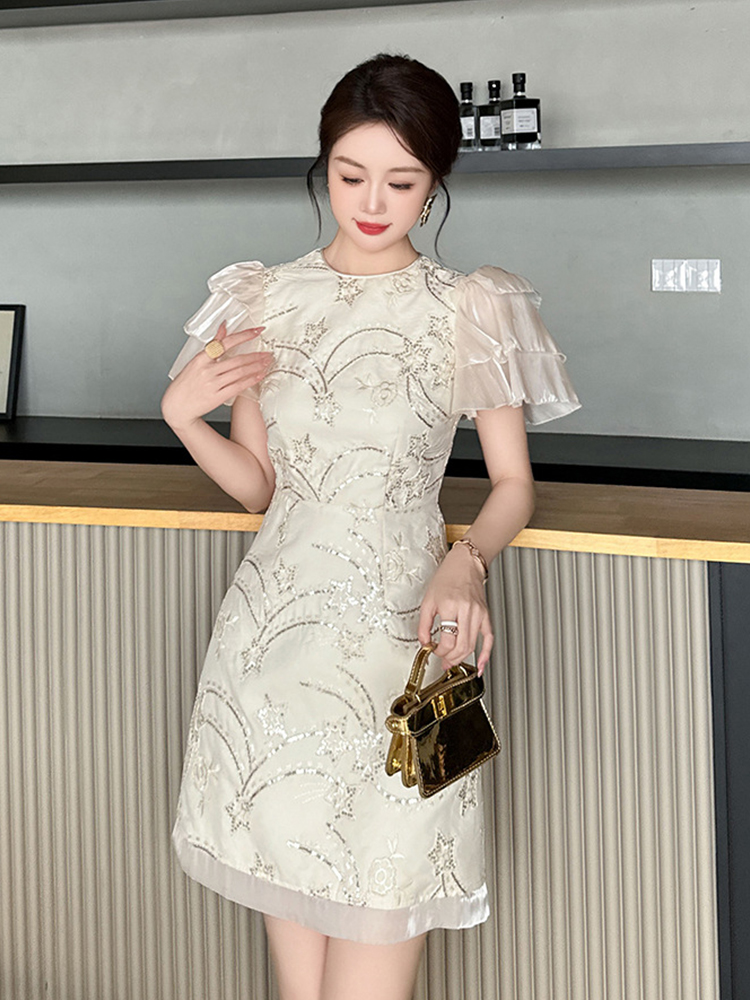 Vestido curto de lantejoulas bordado feminino babados, vestido de noite elegante, manga bolha, vestido de festa, data e banquete, moda