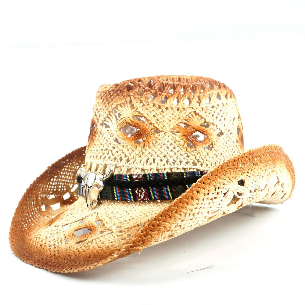Retro kvinder mænd halm hule vestlige cowboy hat dame håndlavet sombrero hombre strand cowgirl jazz sol hat størrelse 56-58cm: Khaki