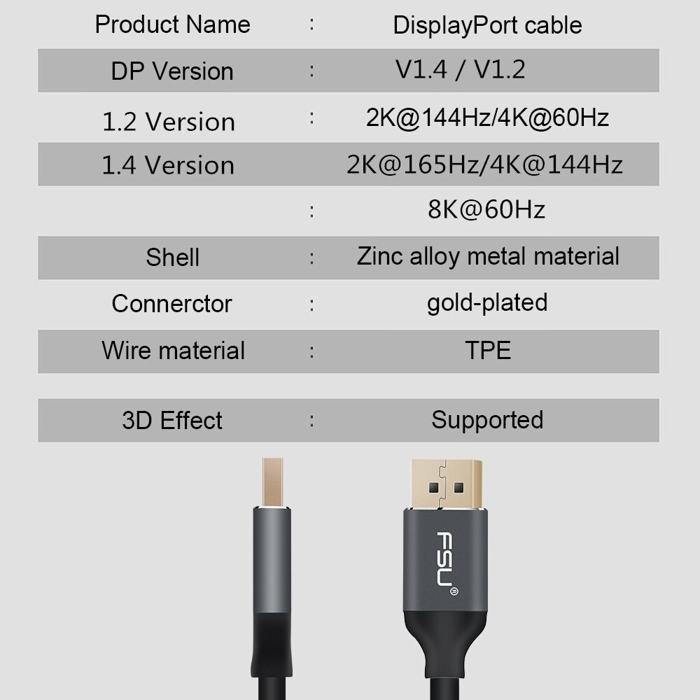 DP Cable 4K 144hz Display port DP 1.4 Cable 2K 165Hz Displayport Cable 8K DP to DP Cable for Samsung Video PC Laptop TV DP 1.2
