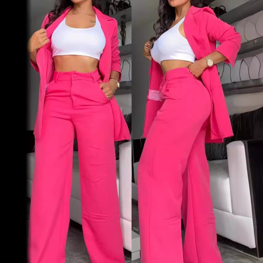 Jakkesæt dame 2- delte sæt outfits tøj afslappet bukser slidsede ærmer revers jakkesæt blazere lomme lige bukser jakkesæt