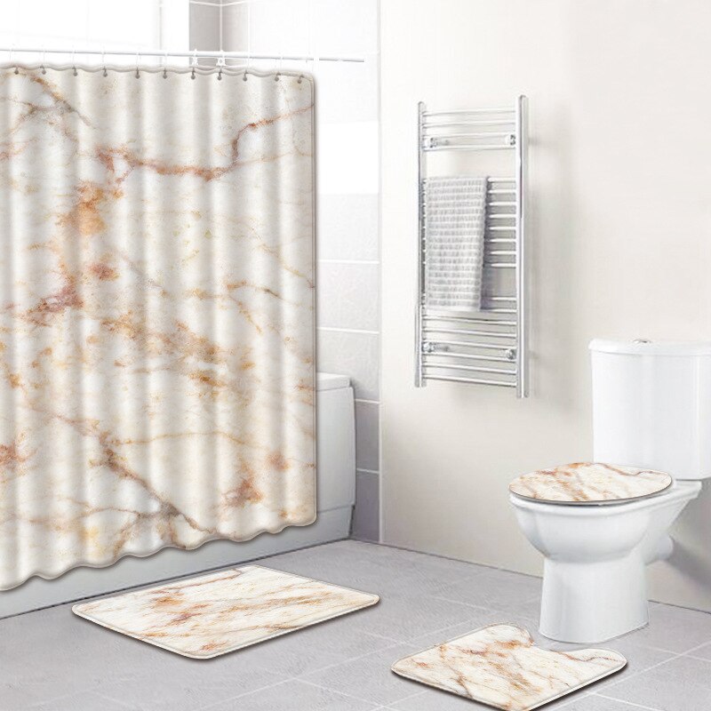 Bathroom Non-Slip Pedestal Rug Lid Toilet Cover Bath Mat Shower Curtain Waterproof Polyester Bathroom Curtain Decor Bath Mat