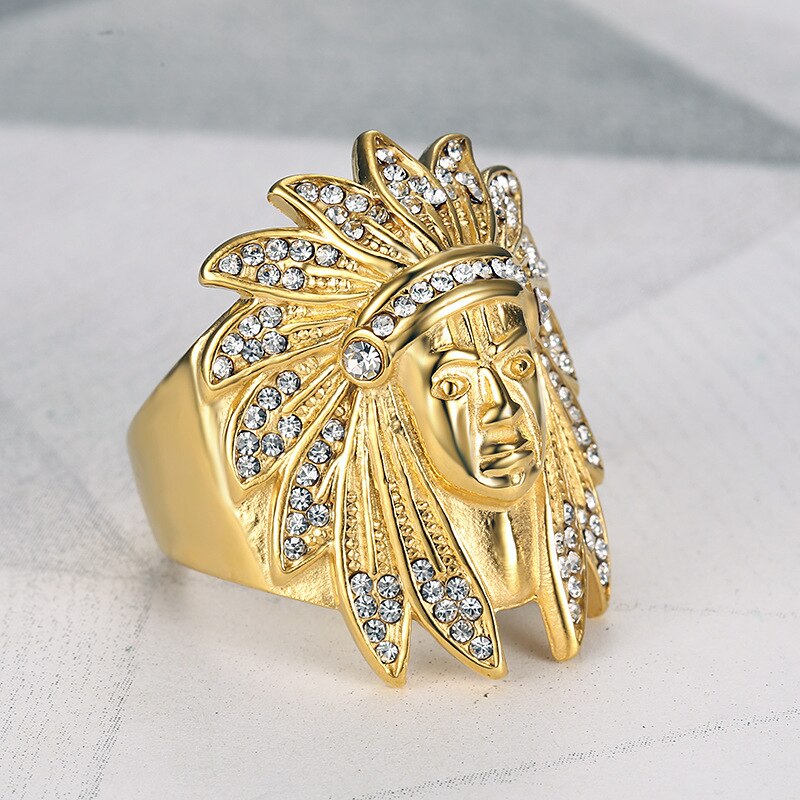 Mikro brolagte rhinsten ice out bling indianere chief ring titanium rustfrit stål guldringe til mænd hip hop rapper smykker