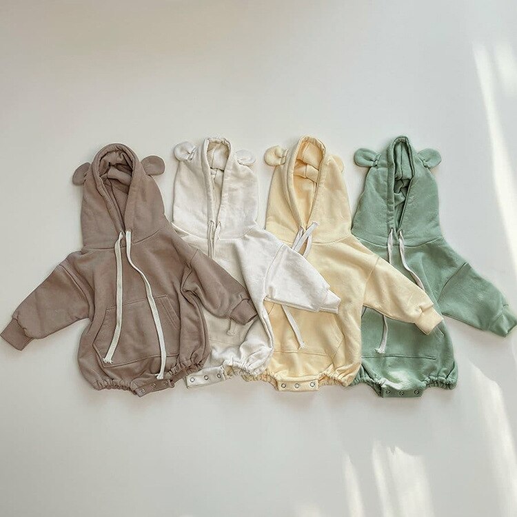 8222 Baby Kleding Hooded Jongens Bodysuit Herfst Pure Kleur Beer Oor Hooded Meisjes Bodysuit 0-2T Baby een Stuk Kleding Onesie