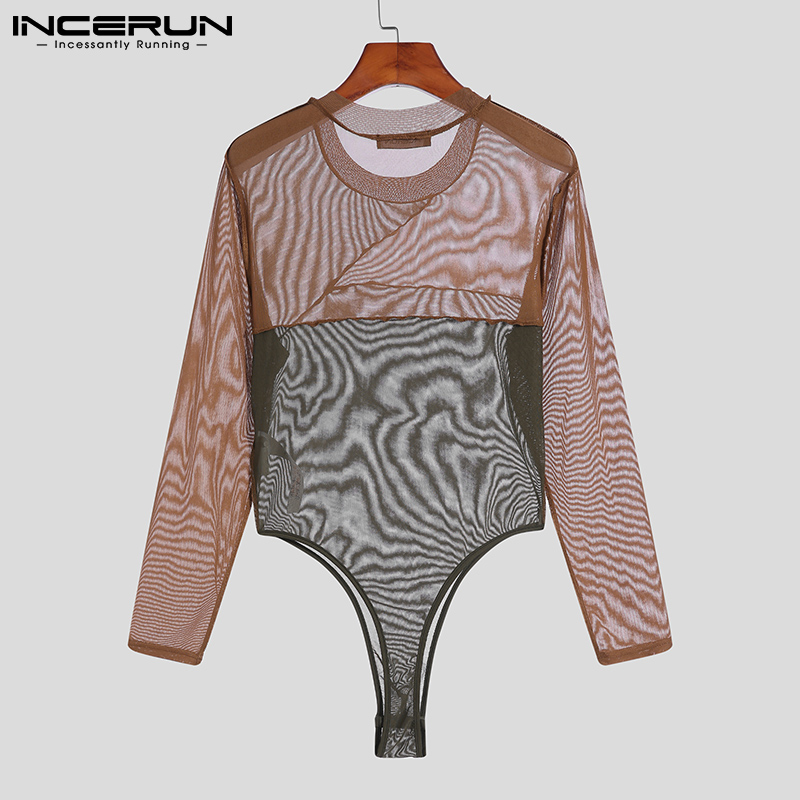 Incerun Mannen Bodysuits Mesh Patchwork Transparante Sexy O-hals Lange Mouw Rompertjes Pyjama Skinny Ondergoed Heren Bodysuit S-5XL