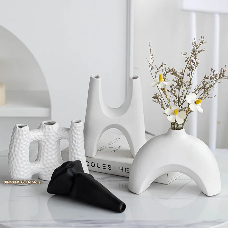 Nordic decoração casa vaso de flores preto e branco arte cerâmica minimalismo flores secas arranjo acessórios b & b ornamento