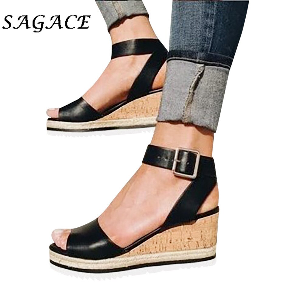 Buty SAGACE damskie klamry sandały klinowe gumowe plażbyć winnym sandały 2019 letnie damskie skórzane sandały na obcasie 5cm obuwie