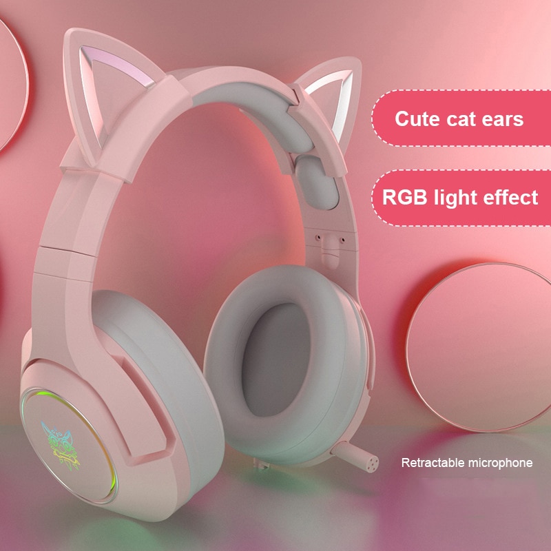 Onikuma K9 Pink Cat Ear Headset Headset Cute Girl Heart Gaming Gaming Headset Comfortable Leather Earmuffs Cat Ears Girl Headset