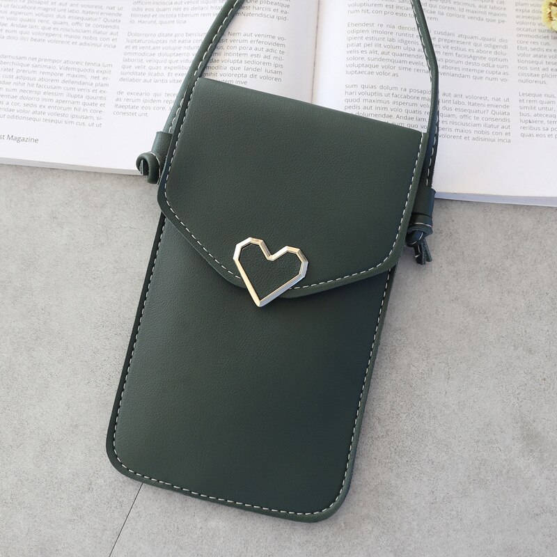 Sac à bandoulière de téléphone à écran tactile pour femmes, Mini sac à bandoulière pour étudiants, petit sac à pression décorations cœur d'amour, sac Transparent,: dark green