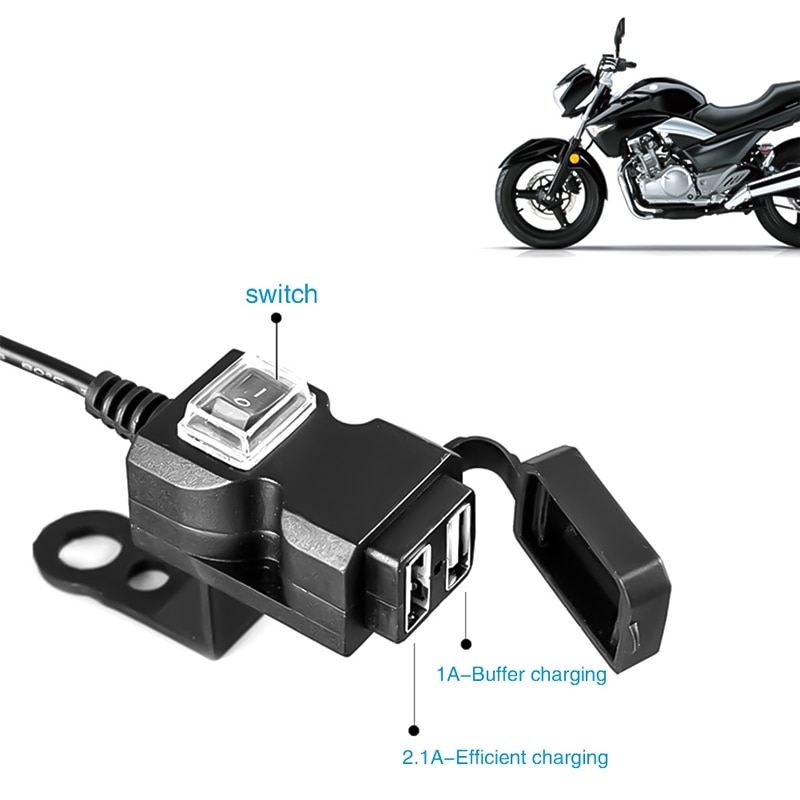 Porta usb dupla 12v, à prova d' água, moto, guidão, carregador 5v 1a/2,1a, adaptador de fonte de alimentação para celular móvel