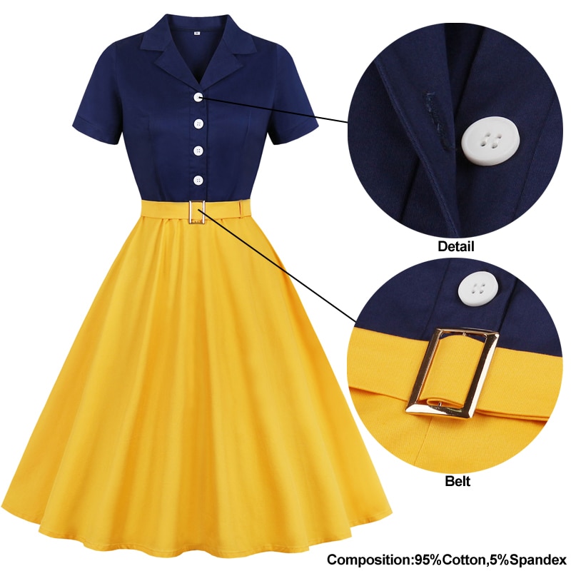 Tonval Marine Blau und Gelb Zwei Tonne-Geschmack hoch Baumwolle Elegante Kleid Frauen angeschnallt Rockabilly Jahrgang Plus Größe Midi- Kleider