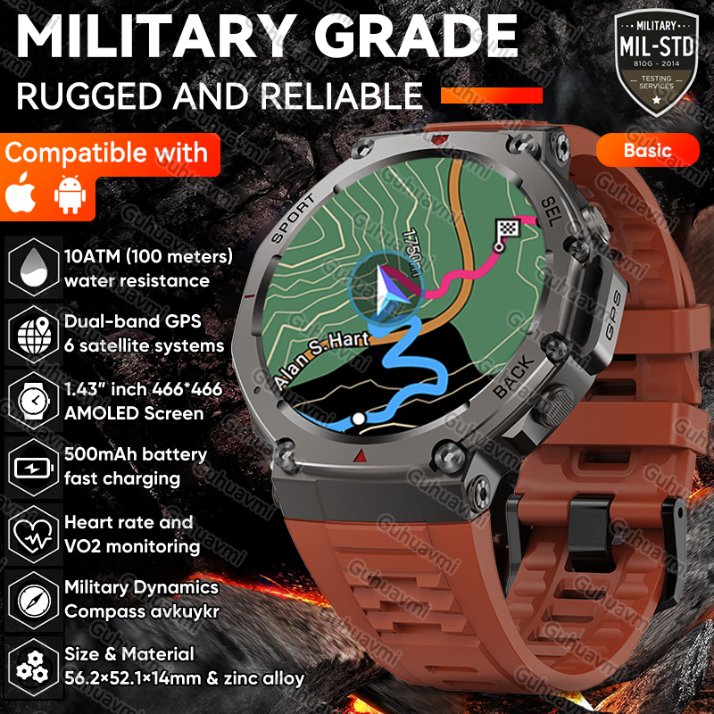 T-Rex 3 Wbudowany Dwuzakresowy GPS Wojskowy Smartwatch Męnarty Kompas Altimetr Barometryczny 10ATM i IP69K Wodoodporny 170+ Sportowy Smartwatch: czarny
